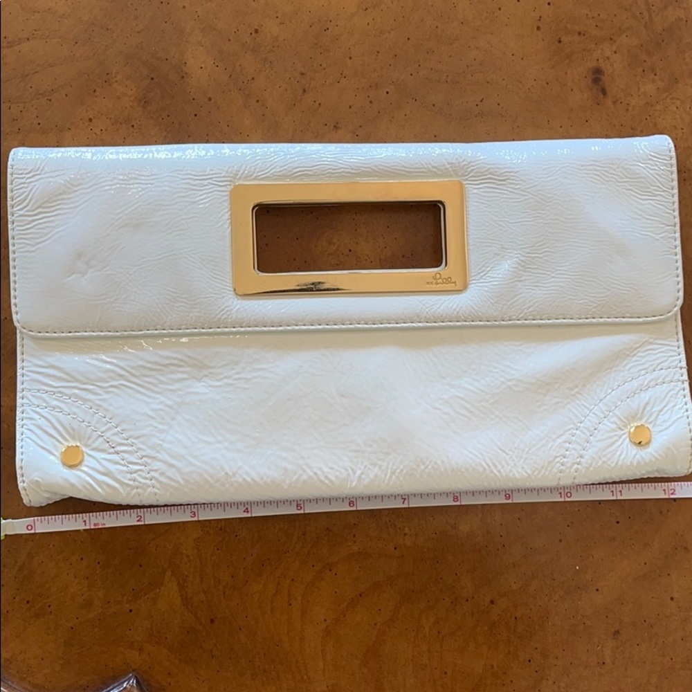 Lilly Pulitzer White Patent Leather Fold-Over Clutch with Gold Hardware